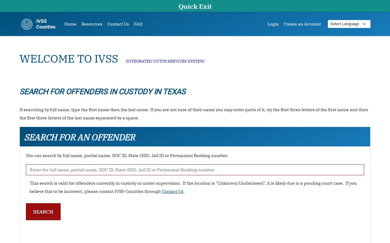 Texas IVSS-Counties specific-person custody search