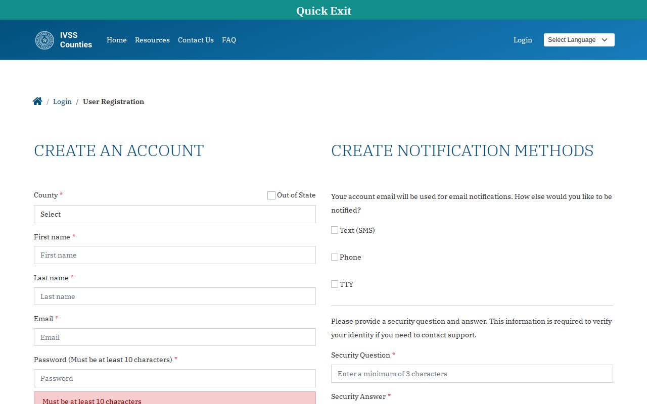 IVSS-Counties notification account registration page