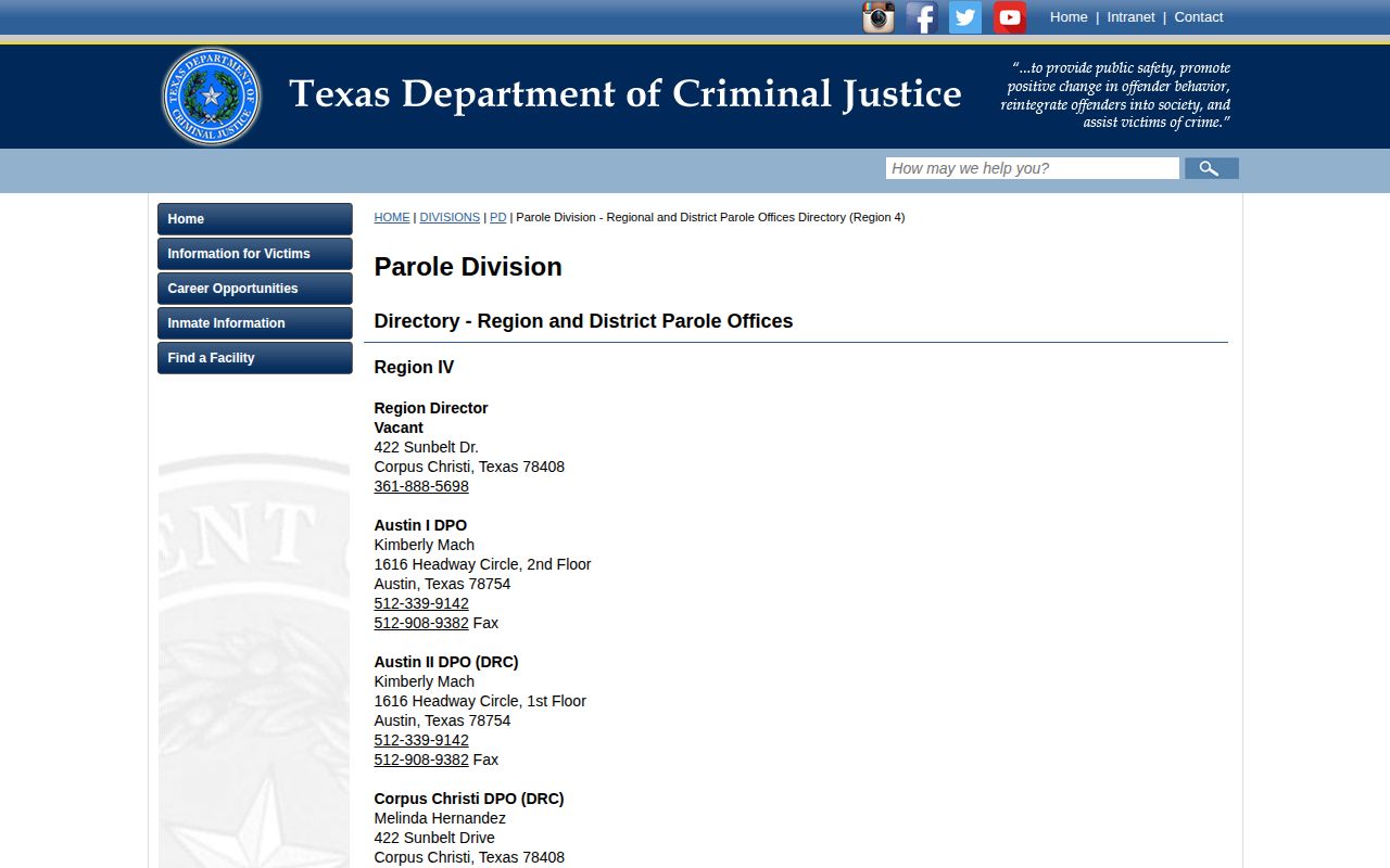 TDCJ Region IV listing for the Seguin District Parole Office