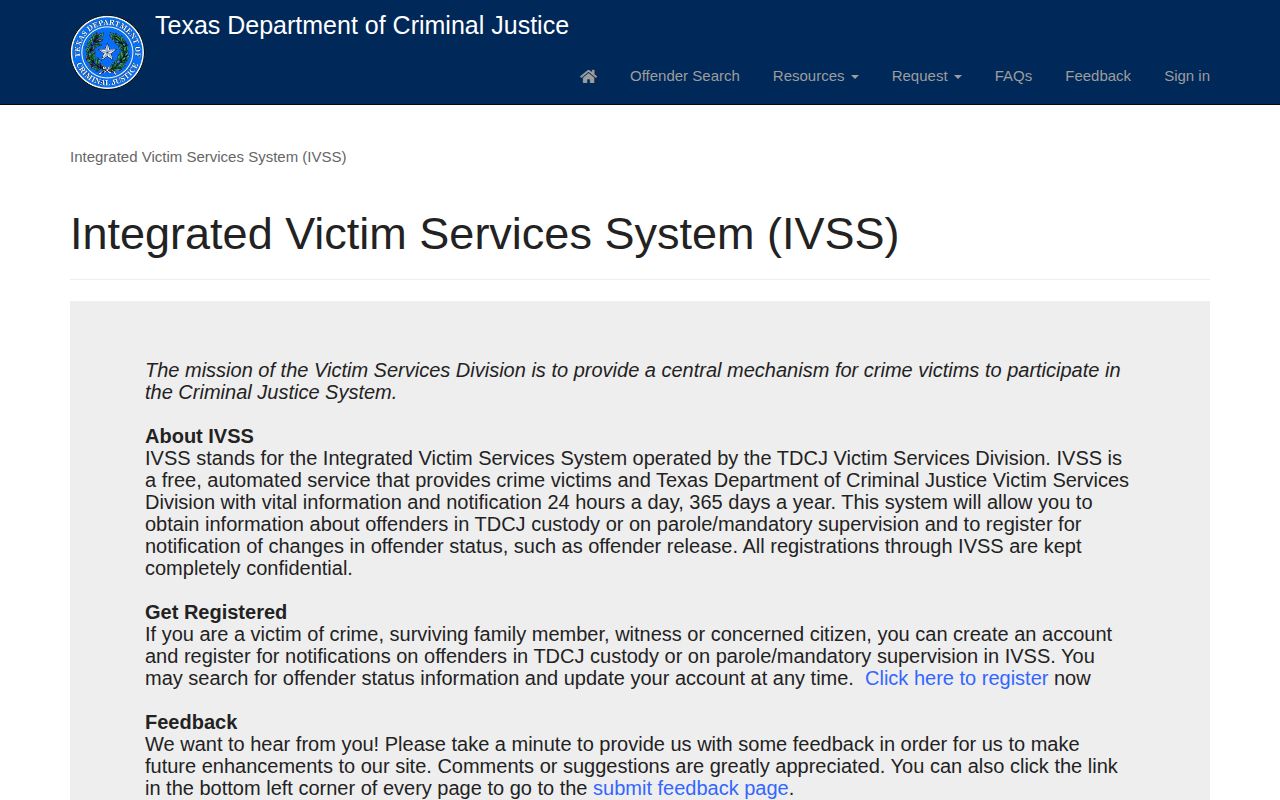 TDCJ IVSS portal for state prison and parole notifications